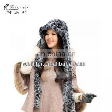 women's 100% real genuine knitted rex rabbit fur hooded scarf with fringe