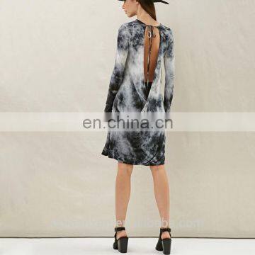 Tie Dye Tunic Dress Long Sleeve Ruffle Tunic Soft Dress With Cutout Detail On Back Backless T-shirt photo-4