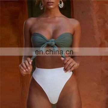 High Waist Strapless Bikini Set Woman Sexy Basic Front Chest Tie Push Up Swimsuit Tight G String Beach Mermaid Swimsuit