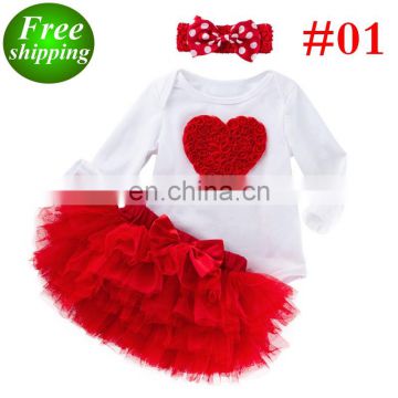 3PCS SET Baby Outfit RED HEART ROMPER & 6LAYER TUTUS SKIRTS & BOW HEADBAND  Valentines Day Kids Clothing Set