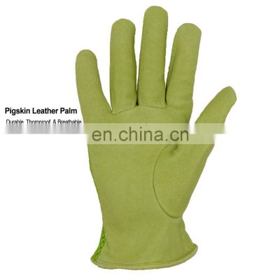 HDD in stock Green breathable mesh back durable pigskin gloves leather work garden gloves