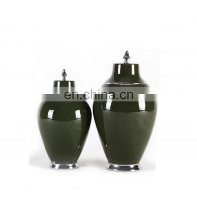 High Temperature Deep Green Mirror Reflections Glossy Glazed Porcelain Vase photo-3