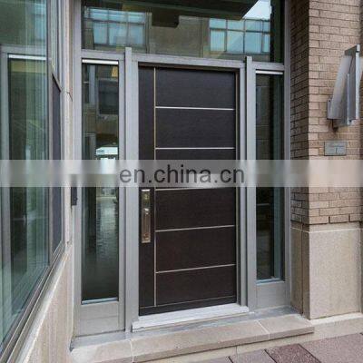 Black Walnut Main Door With Double Sidelights Design /Doors Front Entry Glass With Wrought Iron Insert