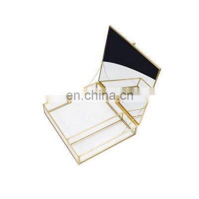 Display Cosmetic Sets Counter Organizer Glass Case Brass Frame Jewelry Box With Mirror photo-4