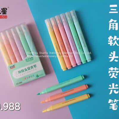 Factory Price 6 Color Pastel Color Fluorescent Soft Fiber Tip Highlighter Triangle Shape Barrel Marker Watercolor Pen photo-4