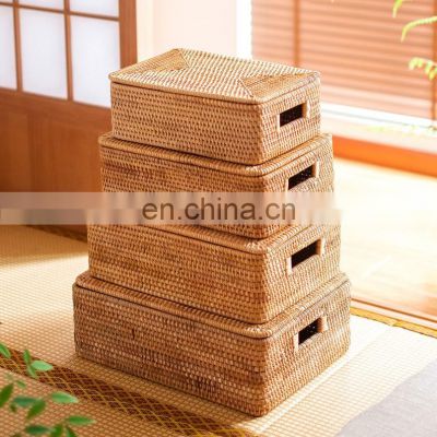 High Quality Rustic Woven Rattan Basket with Lid, Rattan Storage Basket Box, Laundry Basket Wholesale