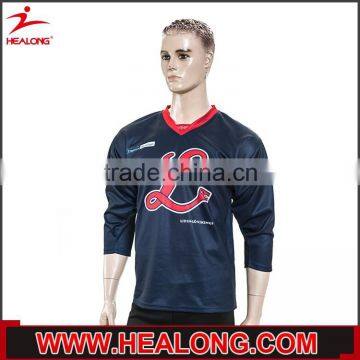 royal navy color with red neck printing sewing hockey t-shirt