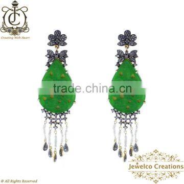 Green Jade Gemstone Diamond Earrings, 925 Silver Gemstone Jewelry, Gemstone Fashion Earrings, Natural Diamond Pave Earrings