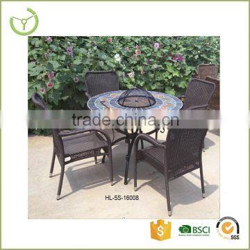 Round Firepit & BBQ Table Wicker Arm Chair set Fire pit for outdoor