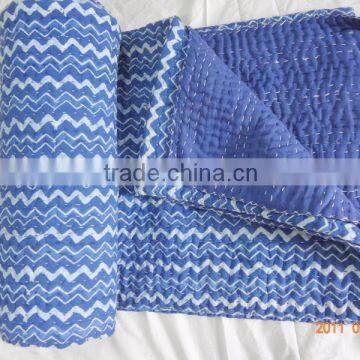 Handmade Indigo Hand Block Printed Kantha Quilt Throw Organic Vegetable Bedspreads Bed Cover