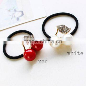 Elegant Red White Simulated Pearl Rhineston Leaf Cherry Rubber Band Elastic Hair Bands Girls Hair Accessories for Women Headwear