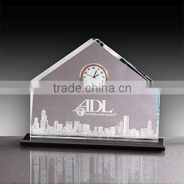 House shape crystal desk clock, apex corporate award for promotion office gift items