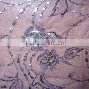 shinny 3MM rose gold sequins embroidery fabric for lady dress purple metallic thread mesh ground