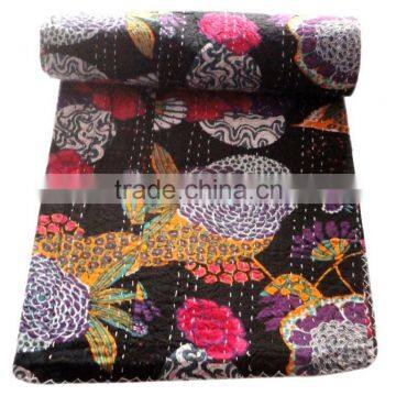 RTHKG-37 Beautiful Modern Floral Black Elegant Look Indian Traditional Bengali Kantha Gudari Bedspread Wholesaler Throws