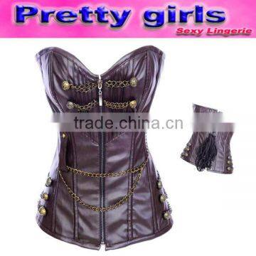 Coffee Zipper Front Sexy Women Leather Corset M1985