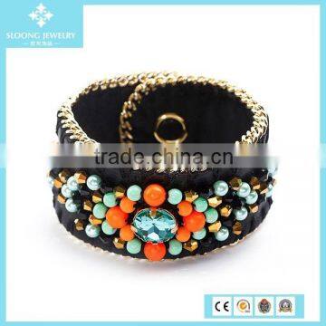 Cheap Famous Black Leather Crystal Beads Pearl and Glass High End Brand Bracelet