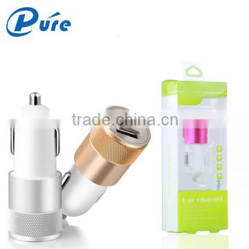 2016 new products portable aluminium alloy case dual port usb car charger 2.1A/3.1A for mobile phone