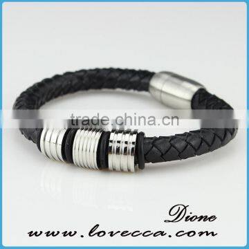 Silver Plated Stainless Steel Charms With Black Leather for Men Magnetic Bracelet