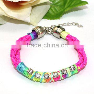 clear crystal chain on woven leather friendship bracelet rhinestone chain hand woven in silk cord boho chic trendy bracelet