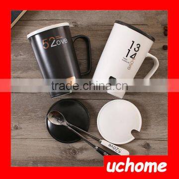 UCHOME Black And White Ceramic Couple Milk Mug Cups With Lid And Spoon photo-2