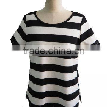 Round Collar Short Sleeve Strip Pattern Cotton Shirt