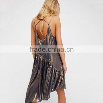 HAODUOYI Fashion Metallic Luster Women Spaghetti Strap Dress Asymmetry Hemline V-neck Backless Ladies Vestidos for Wholesale photo-2