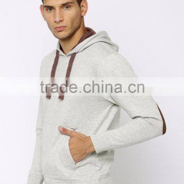 Grey Melange Hooded Sweatshirt For Man Long Sleeves With Elbow Patches Sweaters Kangaroo Front Pocket Ribbed Hem Hoody Custom