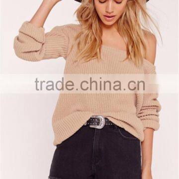 MGOO New Branding Women Oversized Loose Plain Sexy Off Shoulder Longline Knitted Jumper Camel Knitwear Private Label photo-5