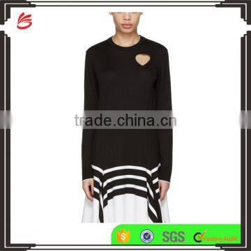 High Quality Wool Blended Crew Neck Heart Cut-Out Black Pullover for Women