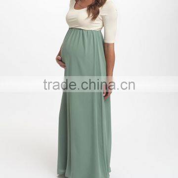 New Arrivals Maternity Dresses With Sage And Ivory Color Block Maternity Scoop Neck Maxi Dress Women Wear WD80817-1 photo-3