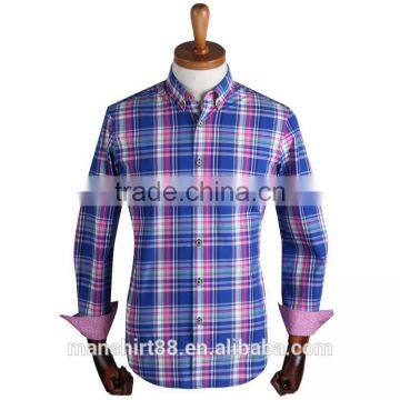 Dark blue/pink checked button downs causal men shirt