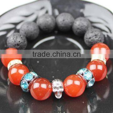 Rhinestone Crystal Spacer Bead Round Red Agate Beaded Bracelet Skull Charm Lava Stone Bracelet