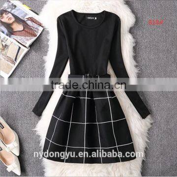 women black check A LINE dress/ ysx black long sleeve printed princess dress/women casual dress