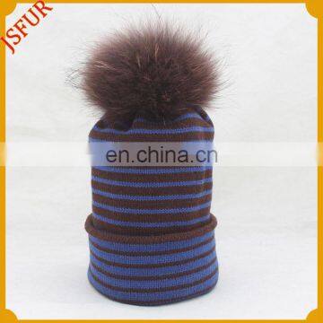 High Quality Five Colour Raccoon Fur Pom Pom Women Knitted Hat