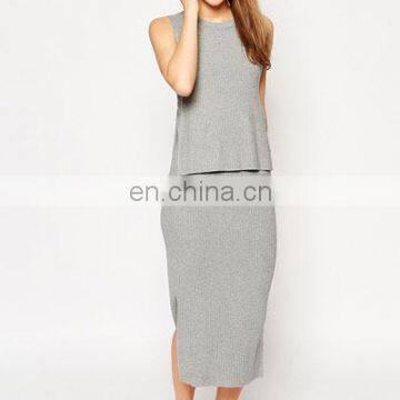 Sleeveless Causal rib knit girls dress in layer top and split hem design