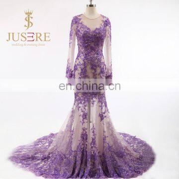 Newest Fashion Handmade Pailletted Beaded Scoop Key Hole Backless Purple Long Sleeves Mermaid Evening Dresses 2016