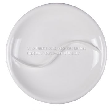 Unbreakable Four-section melamine divided food tray dinner plate  5.jpg  Item No.	180005.180007 Size	 235 x 22H.280 x 32H  Material	Melamine Moq	3000pcs Packing	 1)General packing:skin packing then us carton  2)Also can pack for customer's requirement  Te