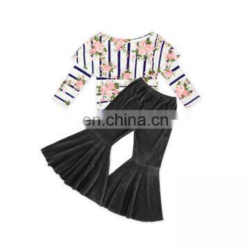 Baby Black Stripe Flower Off Shoulder Top Velvet Bell Bottoms Girls Boutique Clothing  Bulk Wholesale Kids Clothing