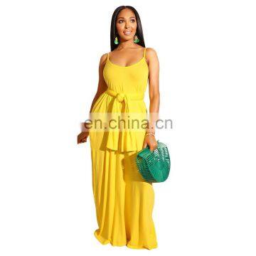 Guangzhou Factory Design summer Casual Yellow Spaghetti Strap Maxi Dress Women casual  dresses