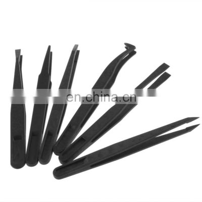 6pcs Black Anti-static Plastic Tweezer Heat Resistant Repair tool Straight Bend