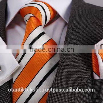 Orange White Striped Pocket Square and Cufflink Set Neck Tie, Corbata, Gravate, Krawatte, Cravatta, Fashion Tie