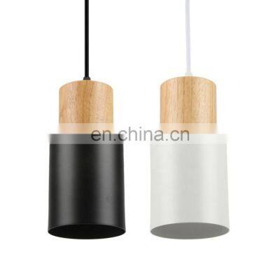 Creative Simple Wooden Pendant Light E27 Black White Iron Lamp Fixtures