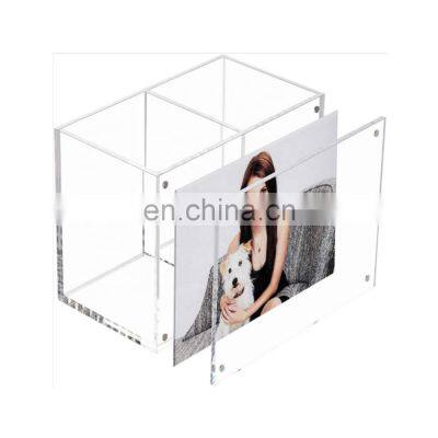 Desk Acrylic Pen Holder with Photo Frame Magnetic Pen Holder