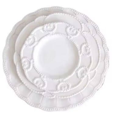 wholesale pure white Embossed fruit plate ceramic tableware for vegetarian wedding plate sets in stock