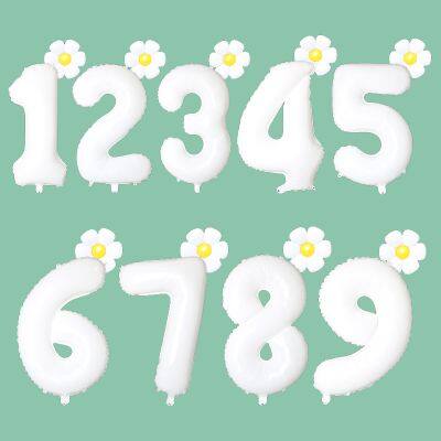 Small Daisy Flower Foil Balloons 40 Inch White Number 0-9 Large Figures Baby Shower Girl's Birthday Party Decorations Supplies