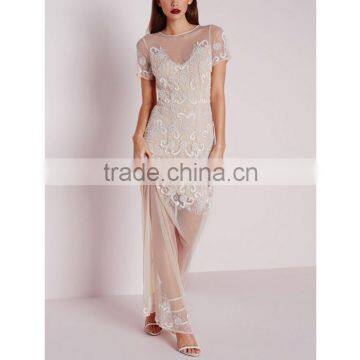 Premium Embellished Cap Sleeve Mesh Maxi Dress Nude photo-3