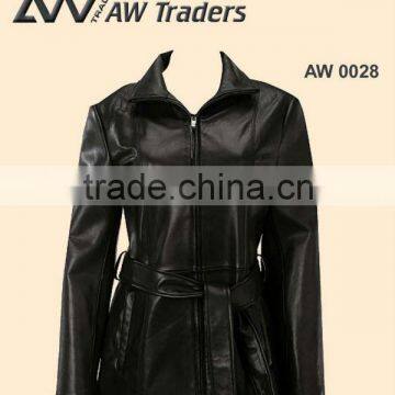 women leather coat with belf , fashion coat , long coat