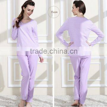 Cotton Pyjamas Ladies Classic Stripe Women Cotton Pajamas Set Round Neck Plus Size Sleepwear Suit