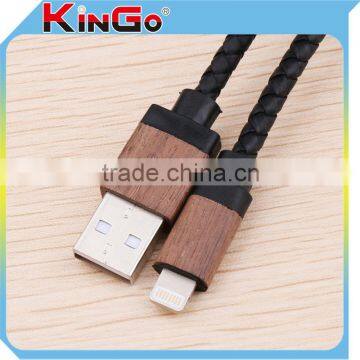 New Arrivel Wooden Shell USB Cable Round Leather Charging Cable For iphone5/5S/6/6Plus/ipad Date Cable