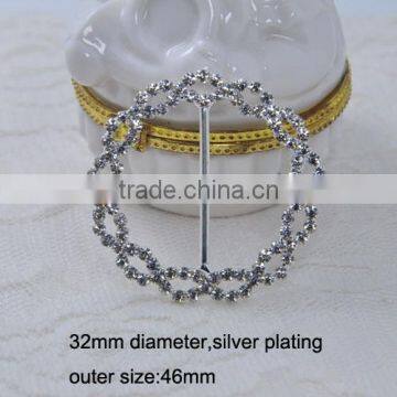 (M0804) 100pcs 32mm inner bar,outer diameter:46mm Round Crystal Rhinestone Ribbon Buckle in Sliver for wedding